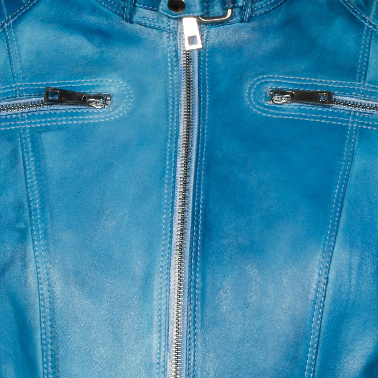 Saint Veronique Blue Leather Zip-Up Women Cafe Racer Jackets