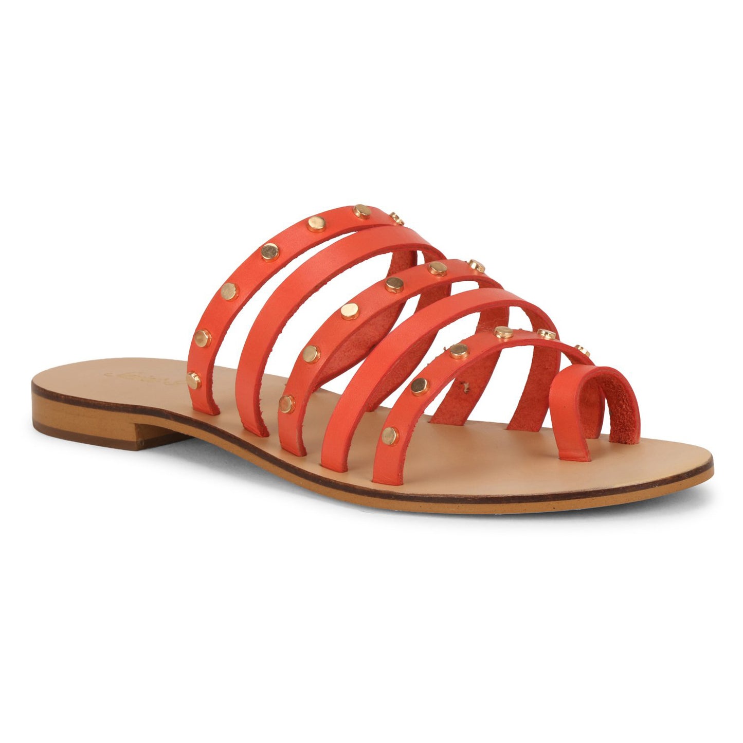 Saint Jacinta Metal Studded Multi Strap Coral Leather Flats