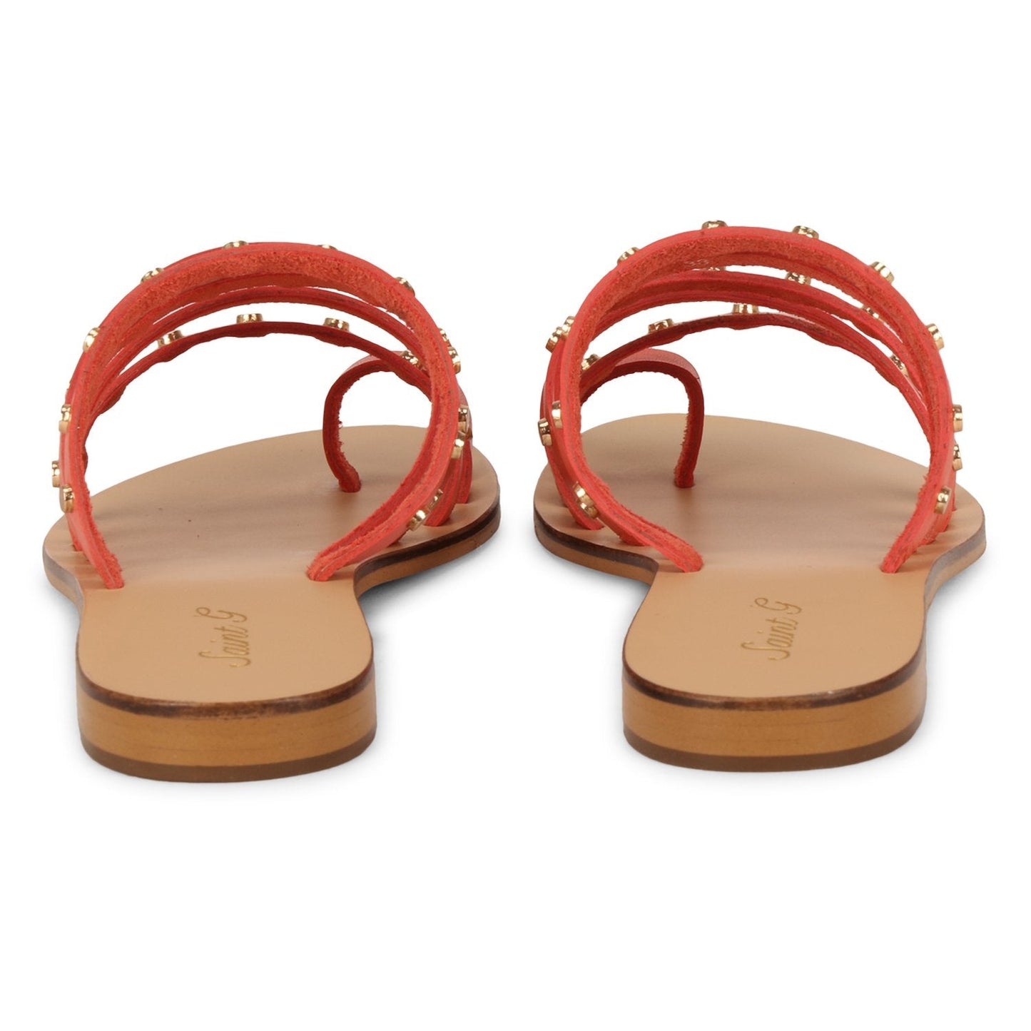 Saint Jacinta Metal Studded Multi Strap Coral Leather Flats - SaintG