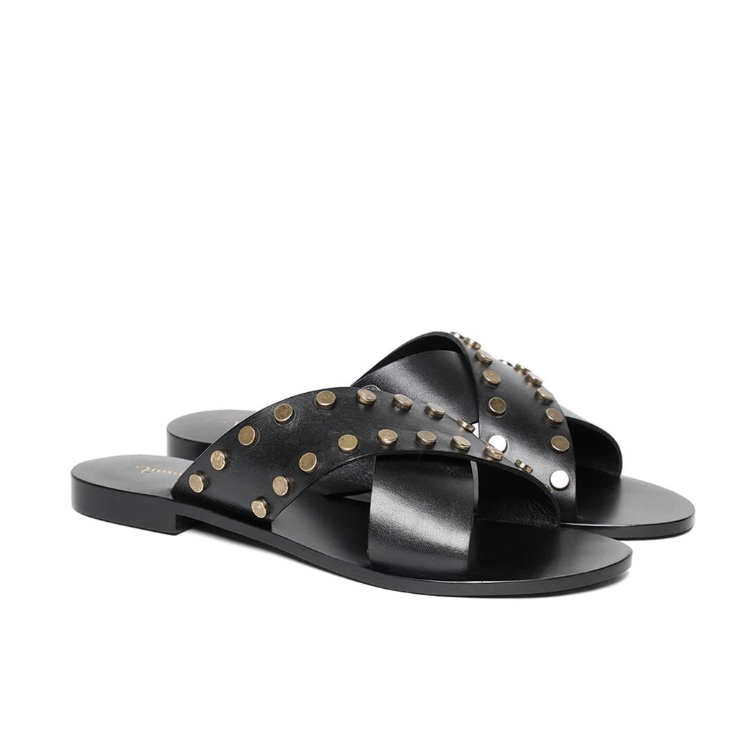 Saint Rosina Metal Studded Black Leather Flats