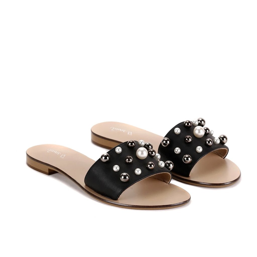 Saint Justine Black Leather Slides - SaintG