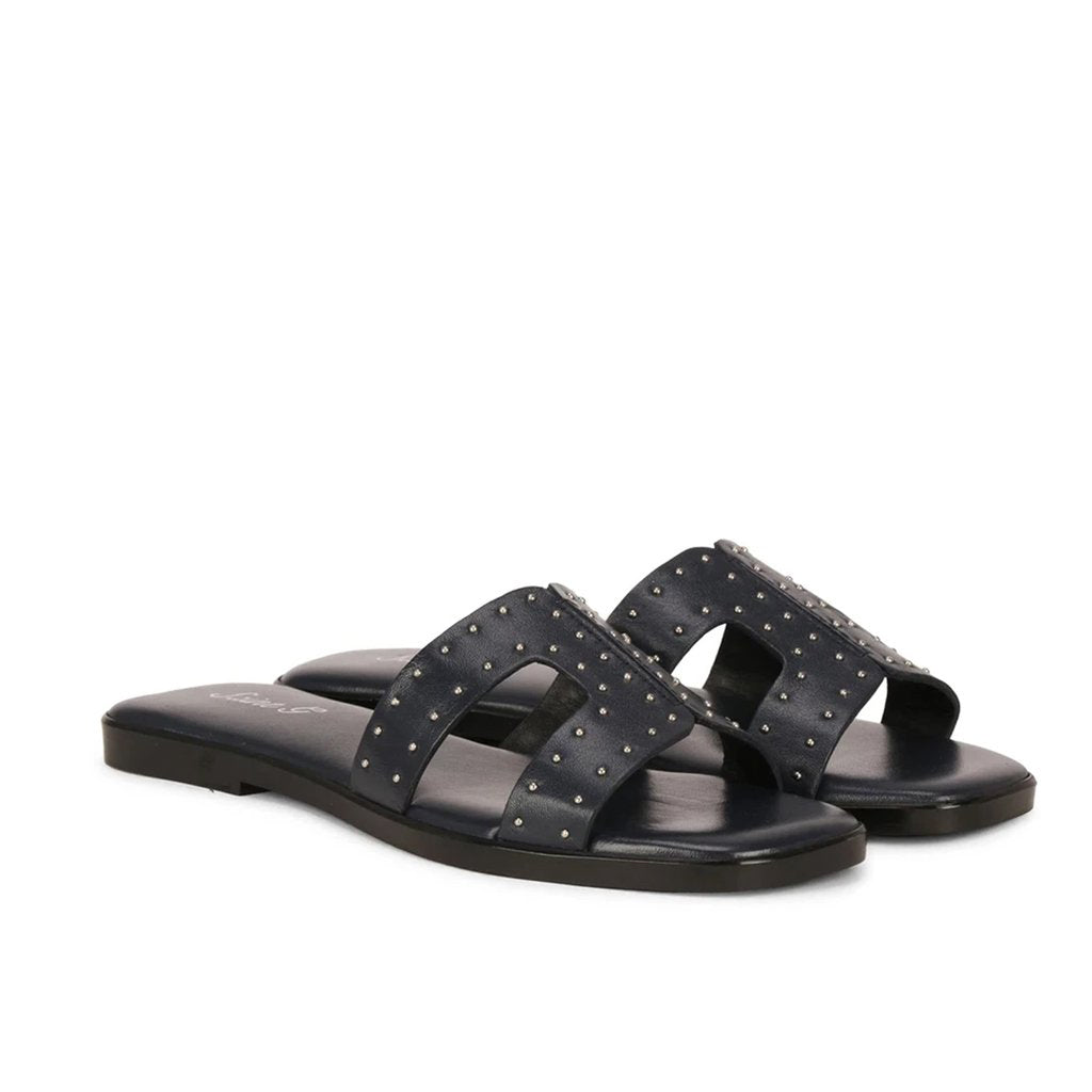 Saint Ventana Metal Studs Dark Navy Leather Flats - SaintG