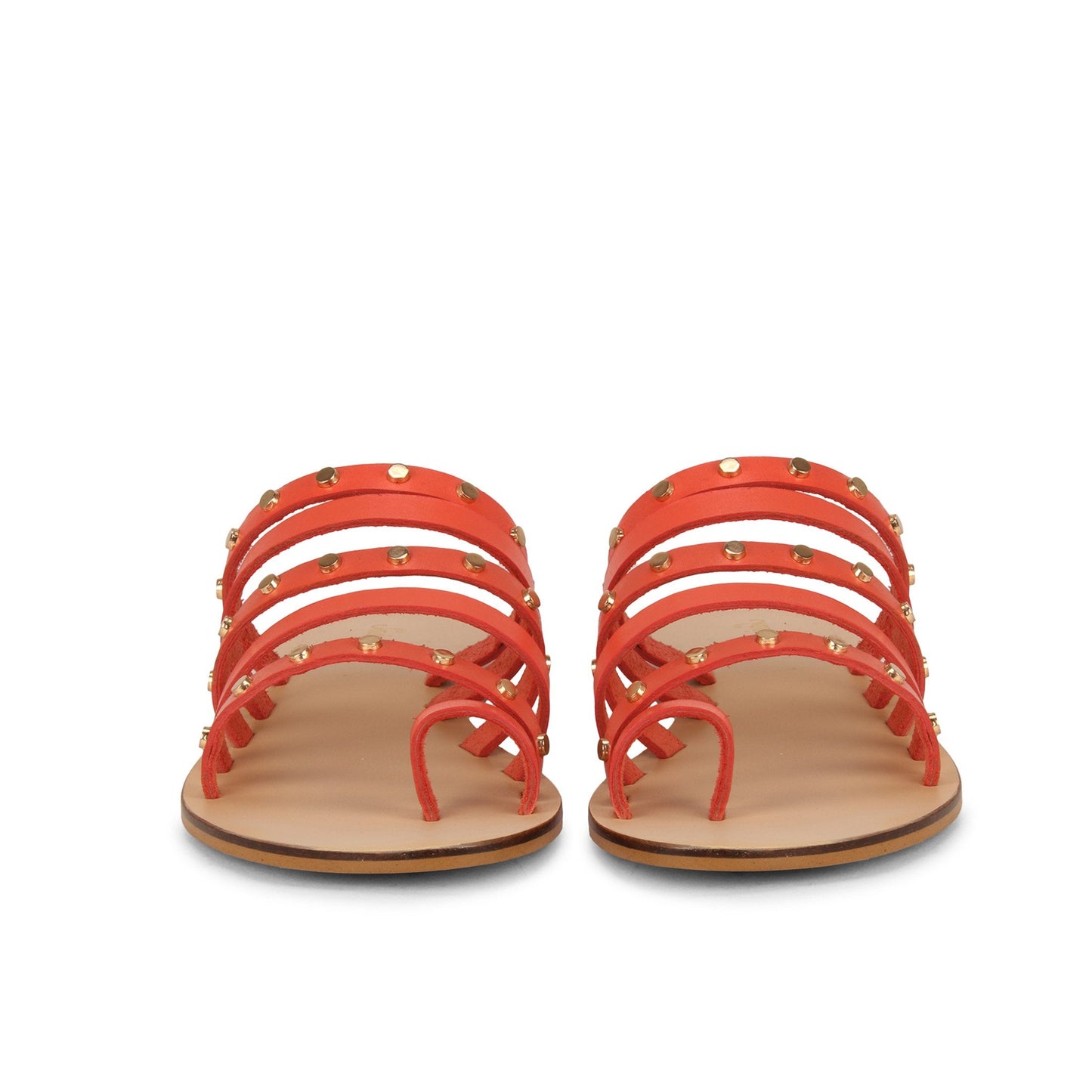 Saint Jacinta Metal Studded Multi Strap Coral Leather Flats - SaintG