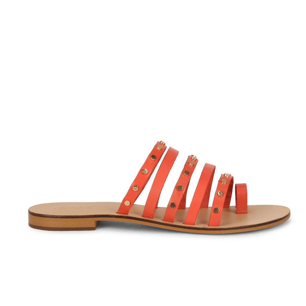 Saint Jacinta Metal Studded Multi Strap Coral Leather Flats - SaintG