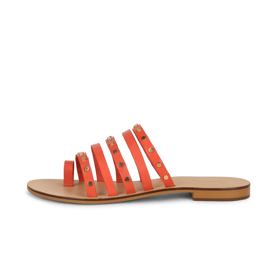 Saint Jacinta Metal Studded Multi Strap Coral Leather Flats - SaintG
