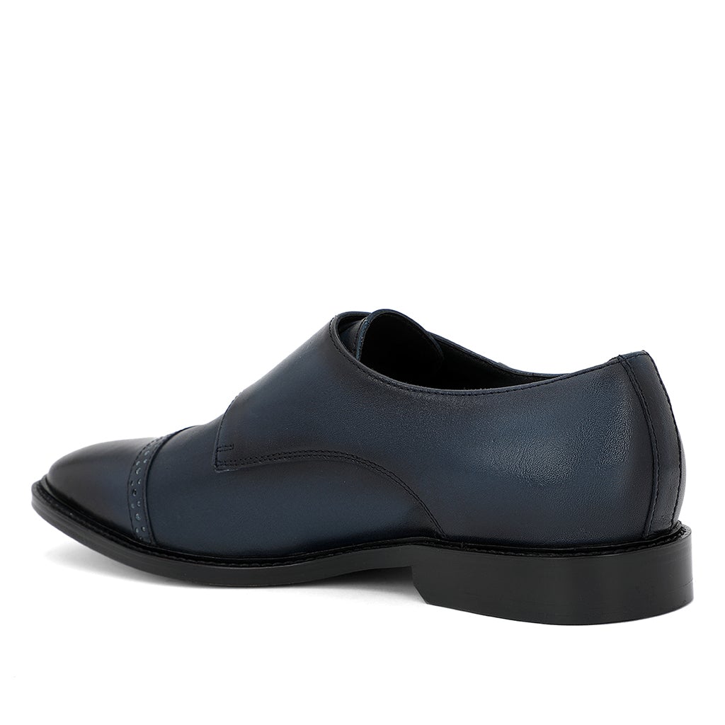 Saint Perctarit Blue Leather Double Buckle Monk Brogue Shoes