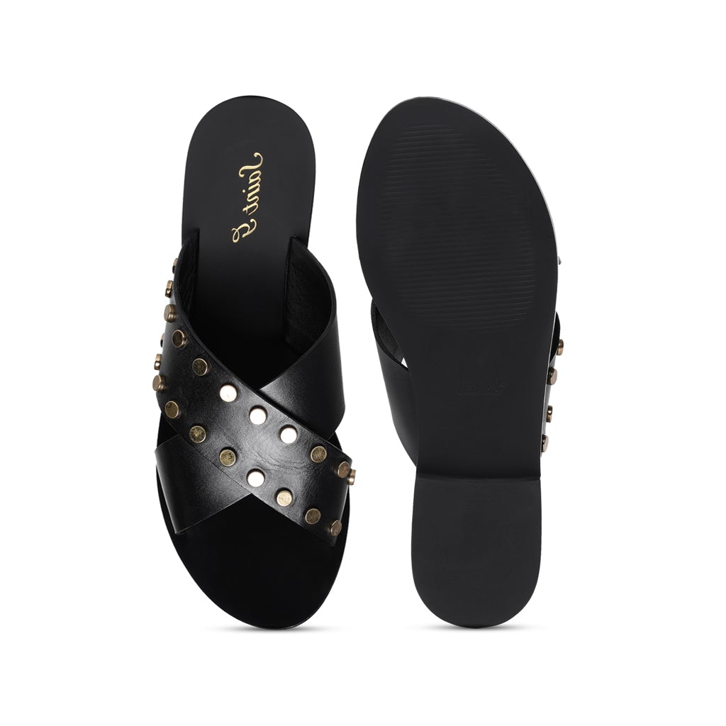 Saint Rosina Metal Studded Black Leather Flats
