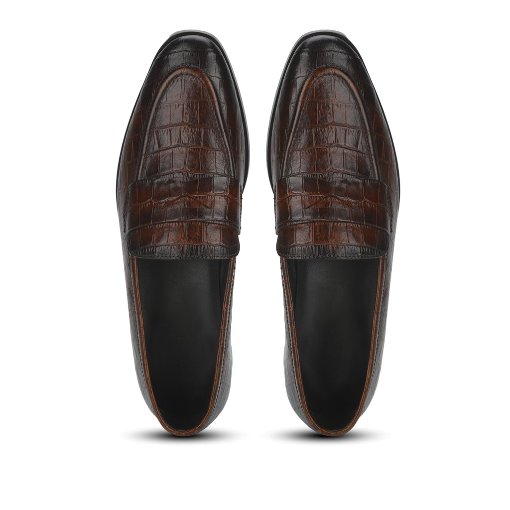 Saint Ansprand Brown Croco Embossed Leather Loafers - SaintG
