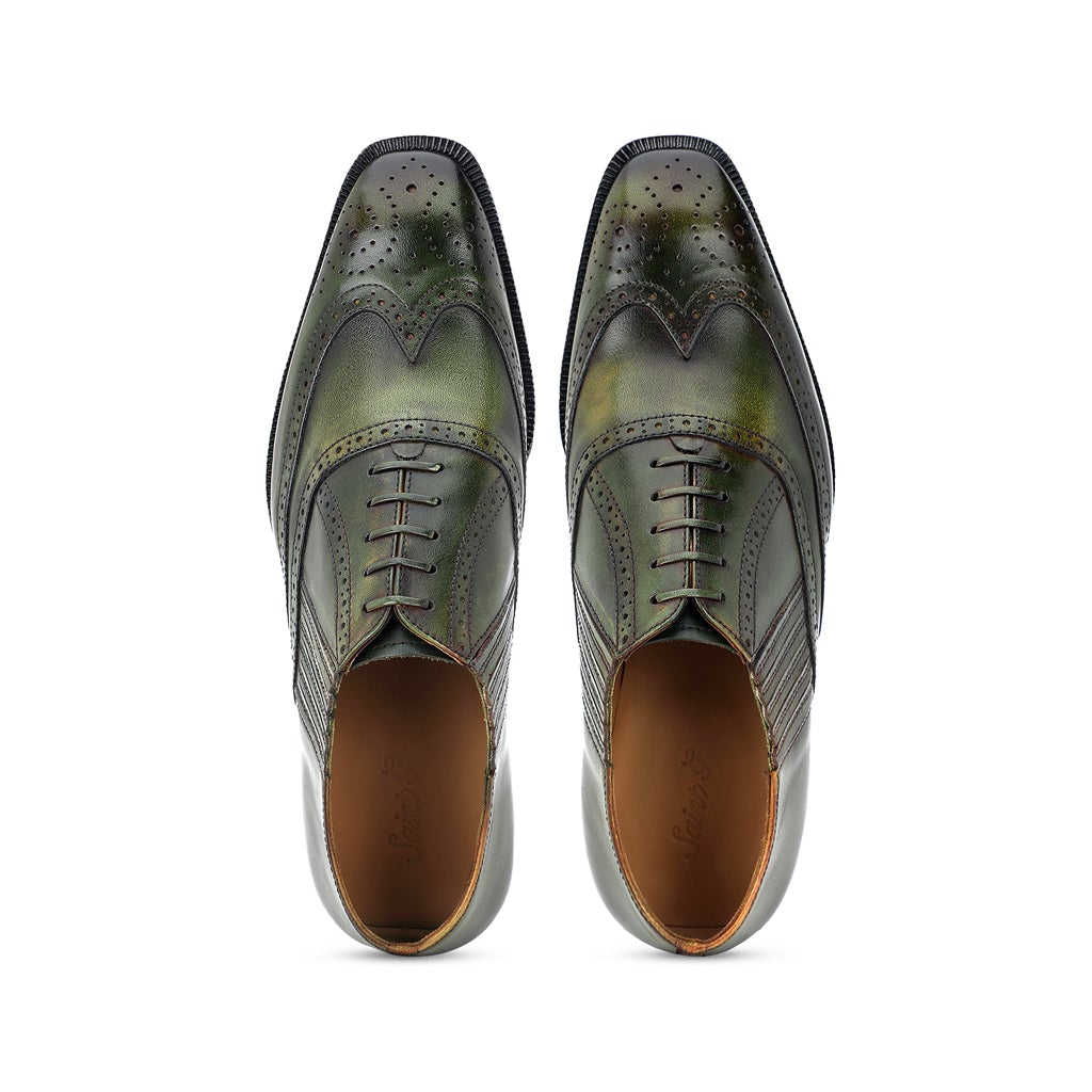 Saint Vincenzo Olive Leather Square Toe Lace Up Décor Slip On Shoes