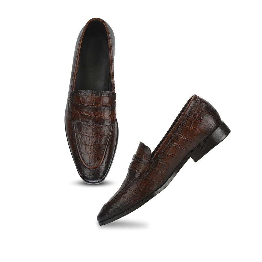 Saint Ansprand Brown Croco Embossed Leather Loafers - SaintG