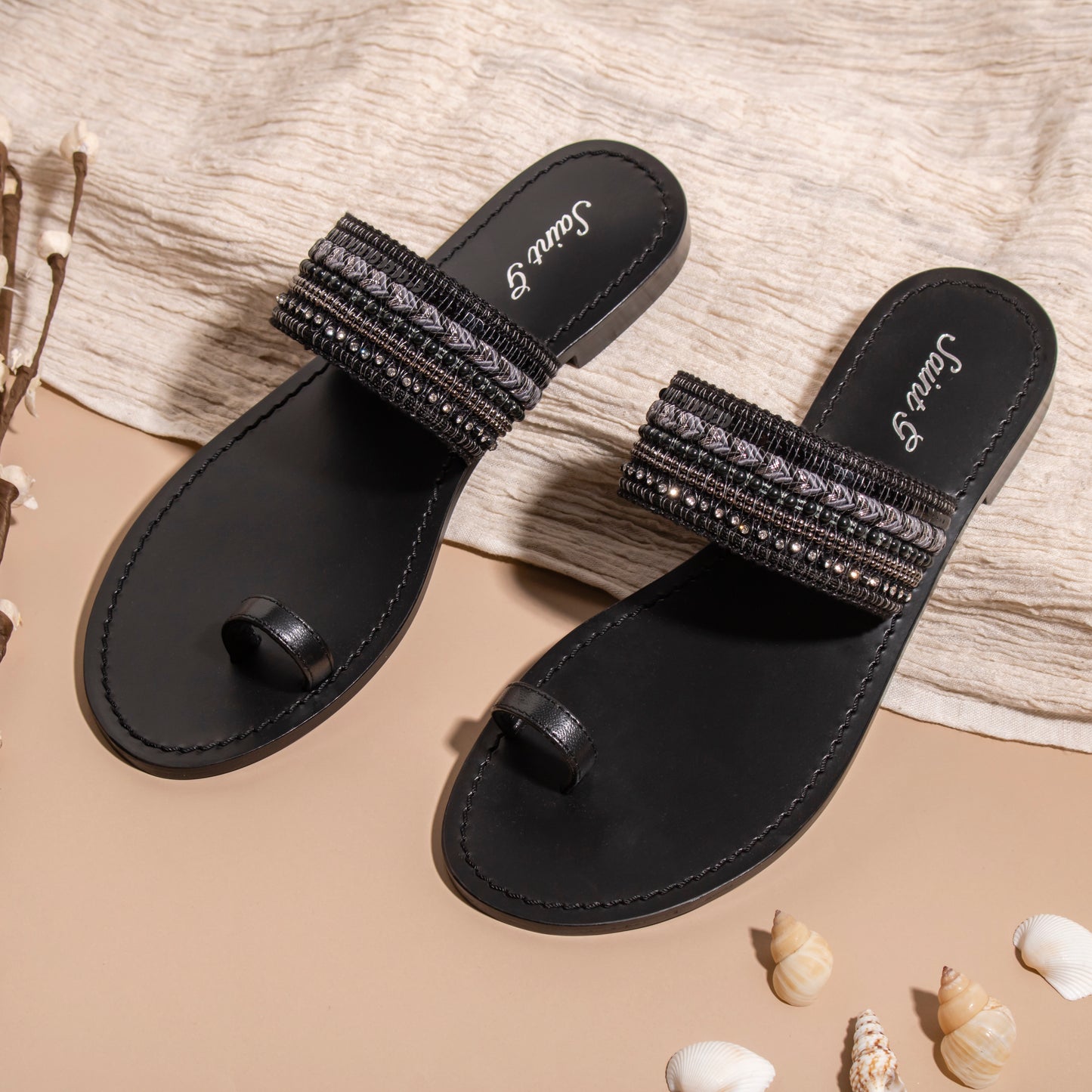 Saint Rosalia Black Leather Hand Embroidered Flats