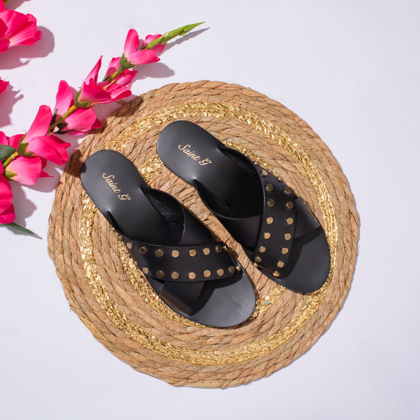 Saint Rosina Metal Studded Black Leather Flats