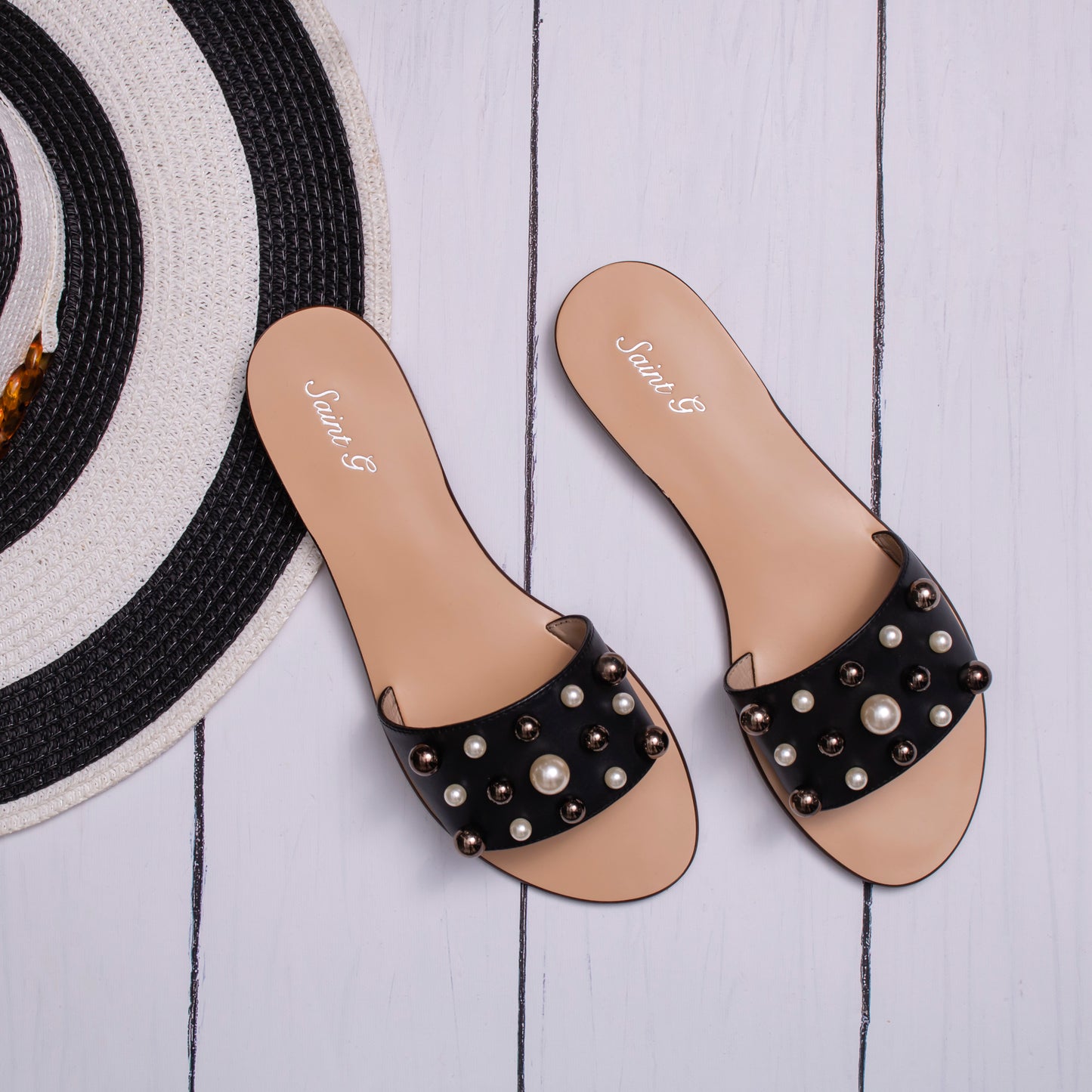 Saint Justine Black Leather Slides