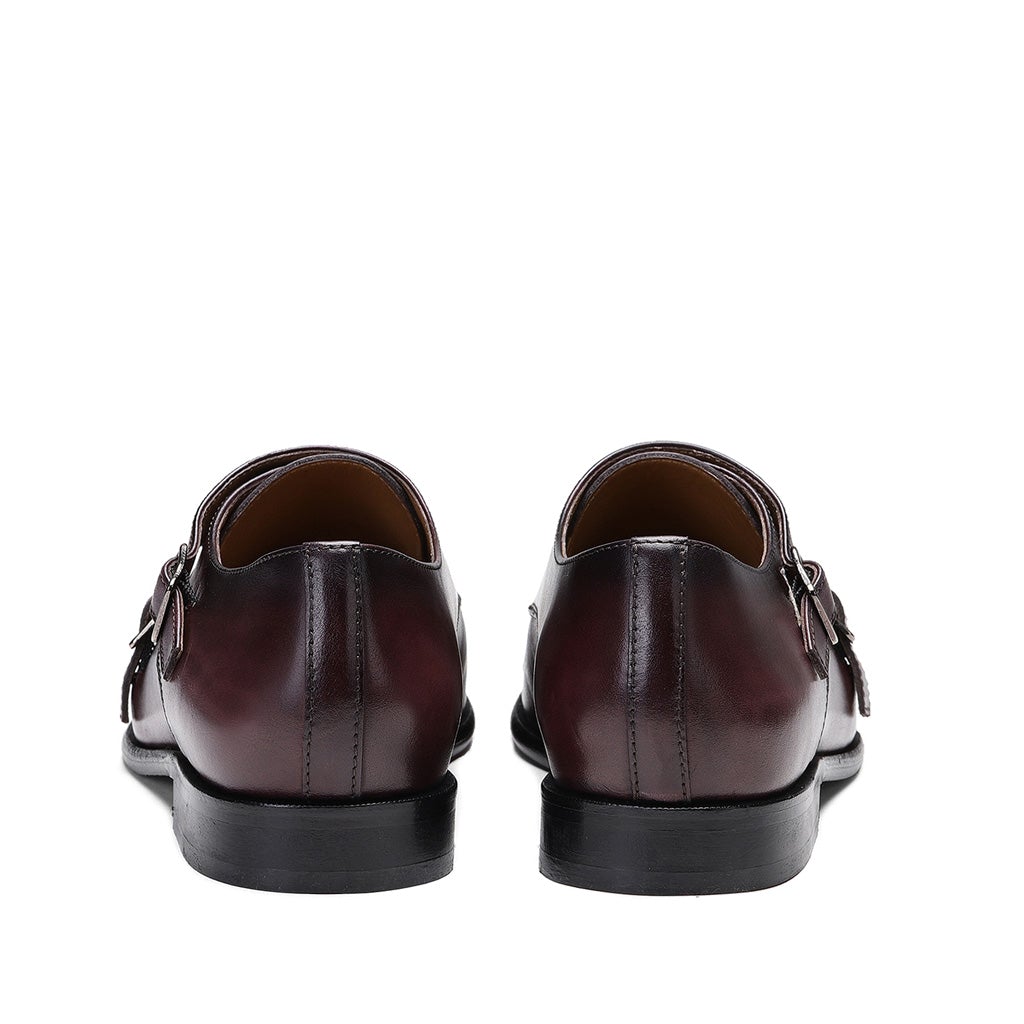 Saint Alboin Two Color Toned Red Leather Double Buckled Monk Strap Shoes - SaintG
