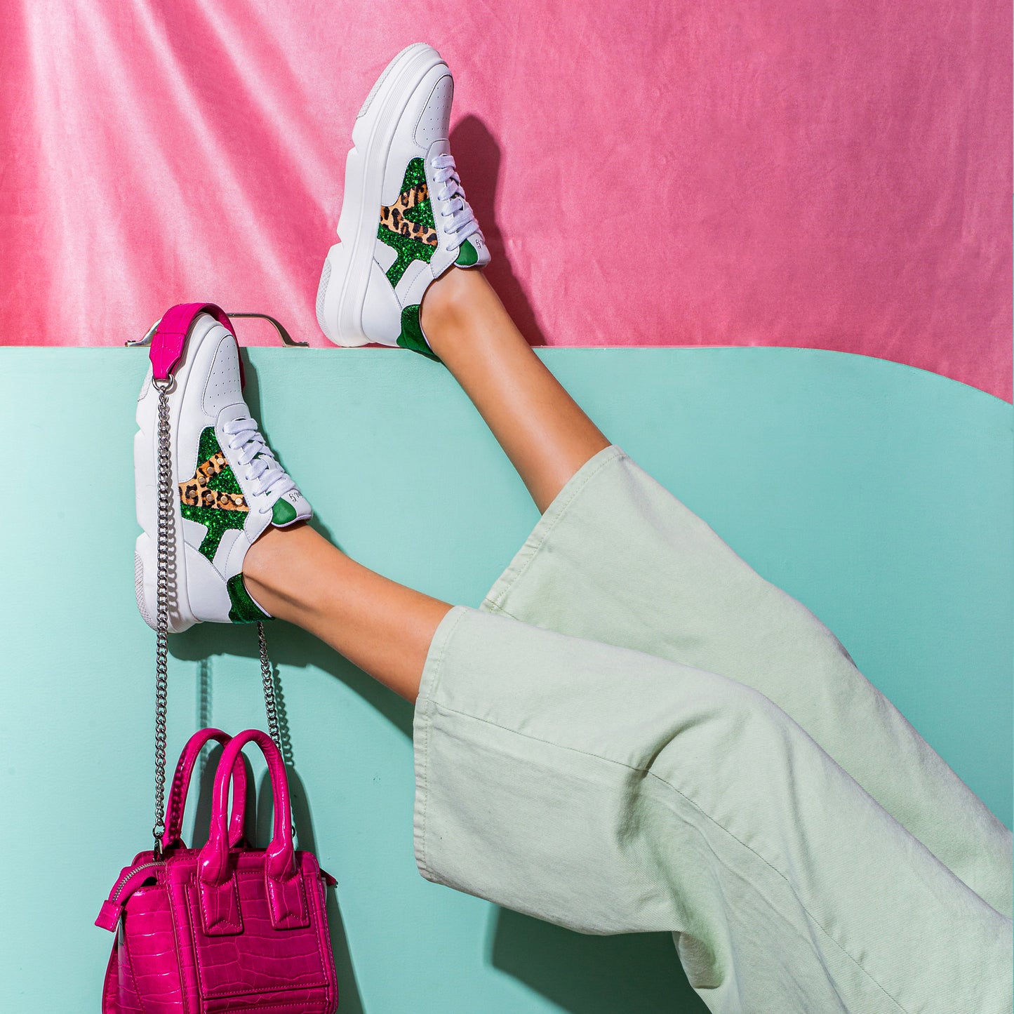 Saint Antea Studs Embellished White & Green Leather Sneakers