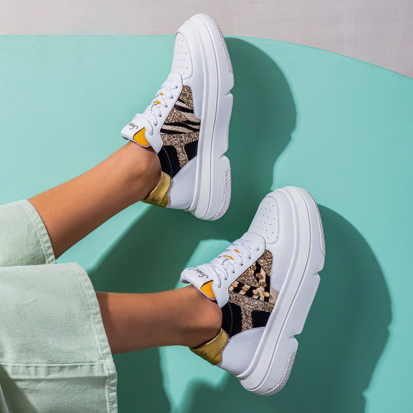 Saint Antea Studs Embellished White & Yellow Leather Sneakers