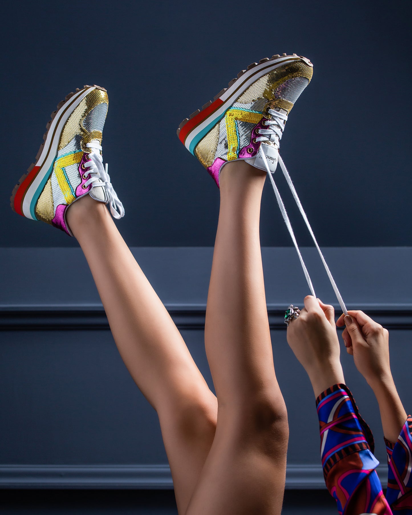 Saint Edana Multi Color Sequins Embellished Leather Sneakers