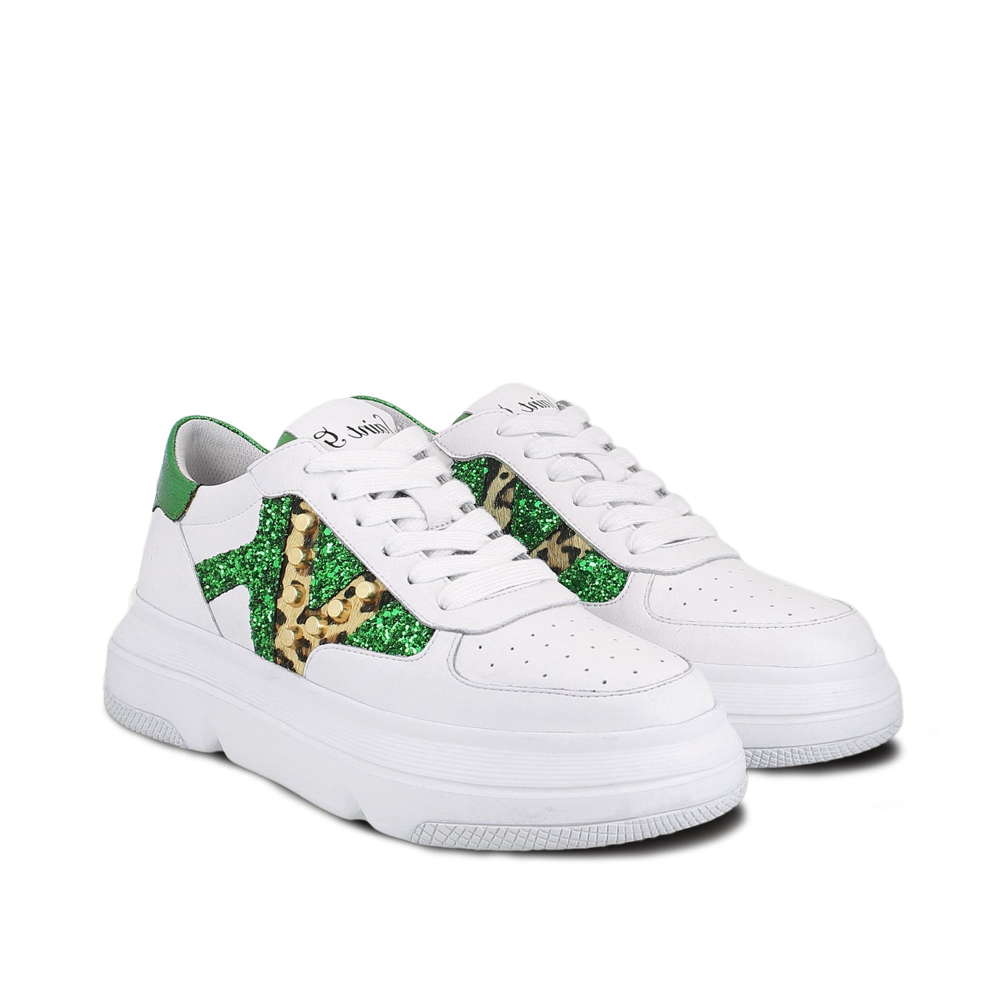Saint Antea Studs Embellished White & Green Leather Sneakers