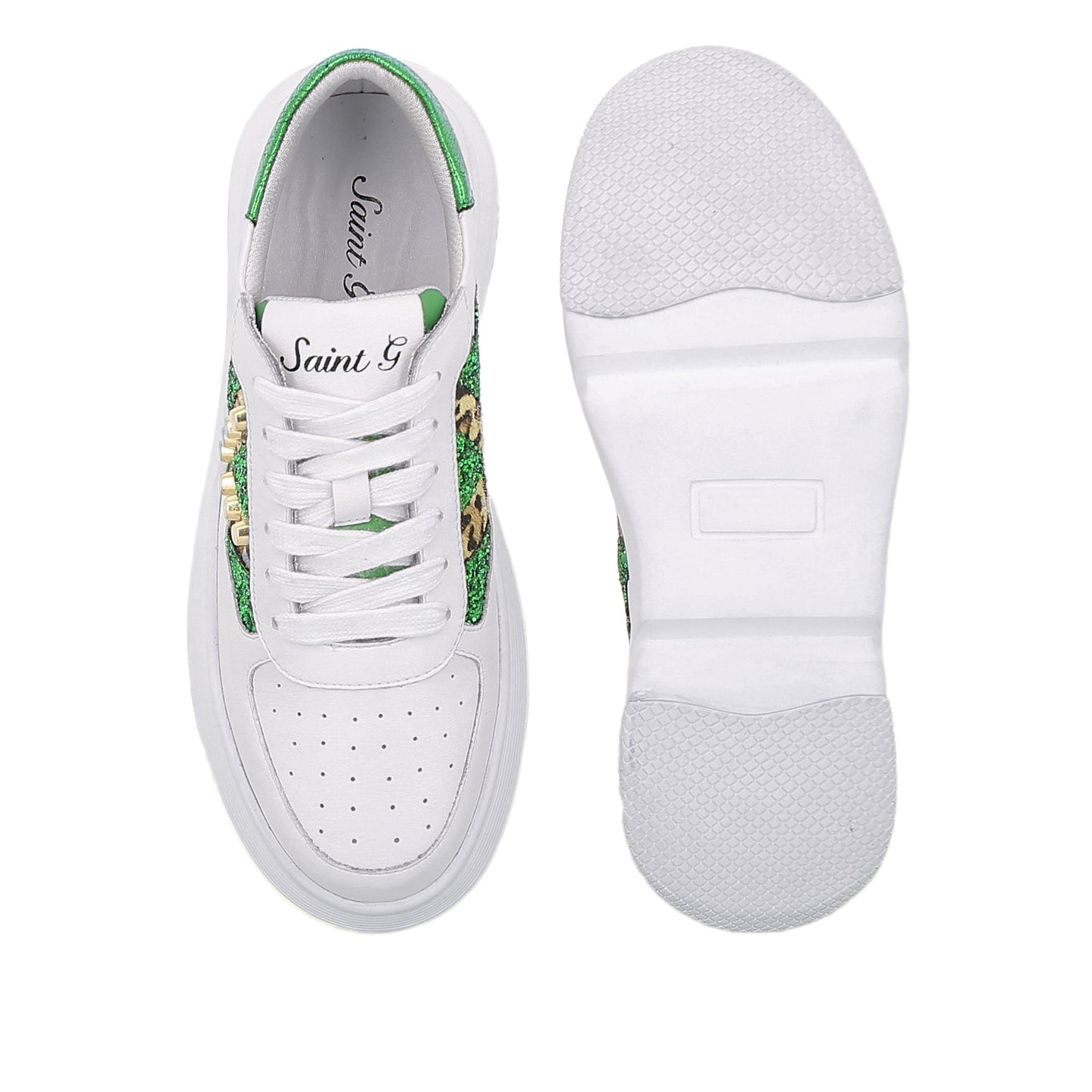 Saint Antea Studs Embellished White & Green Leather Sneakers