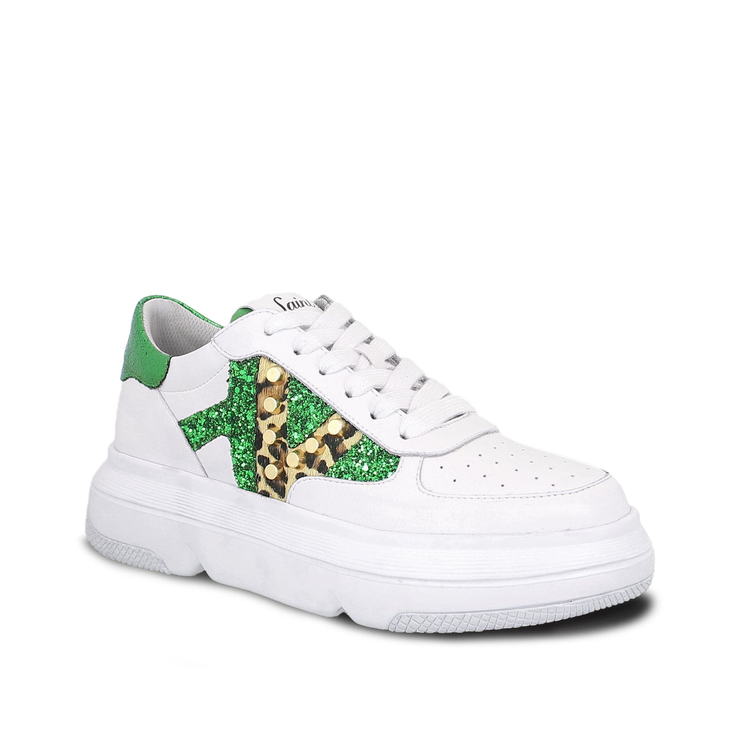 Saint Antea Studs Embellished White & Green Leather Sneakers