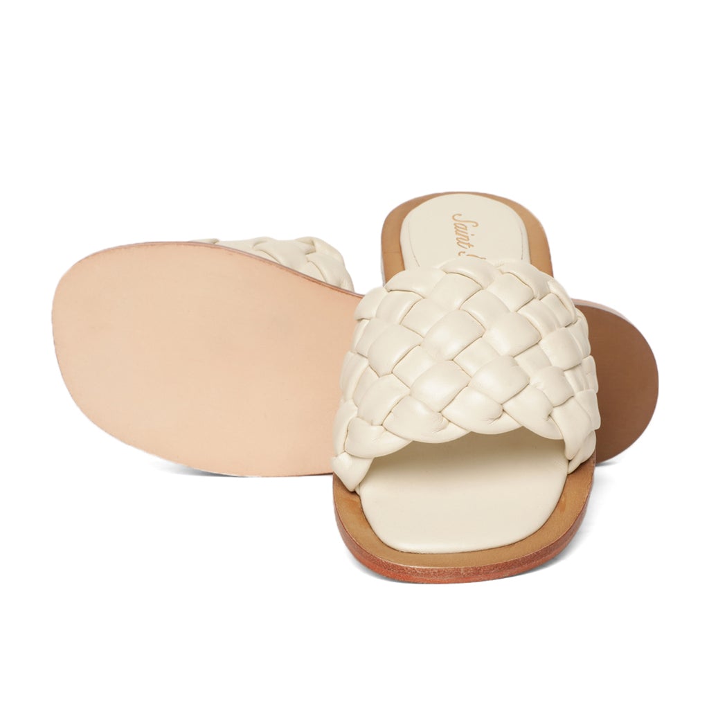 Saint Edetta White Woven Leather Sliders