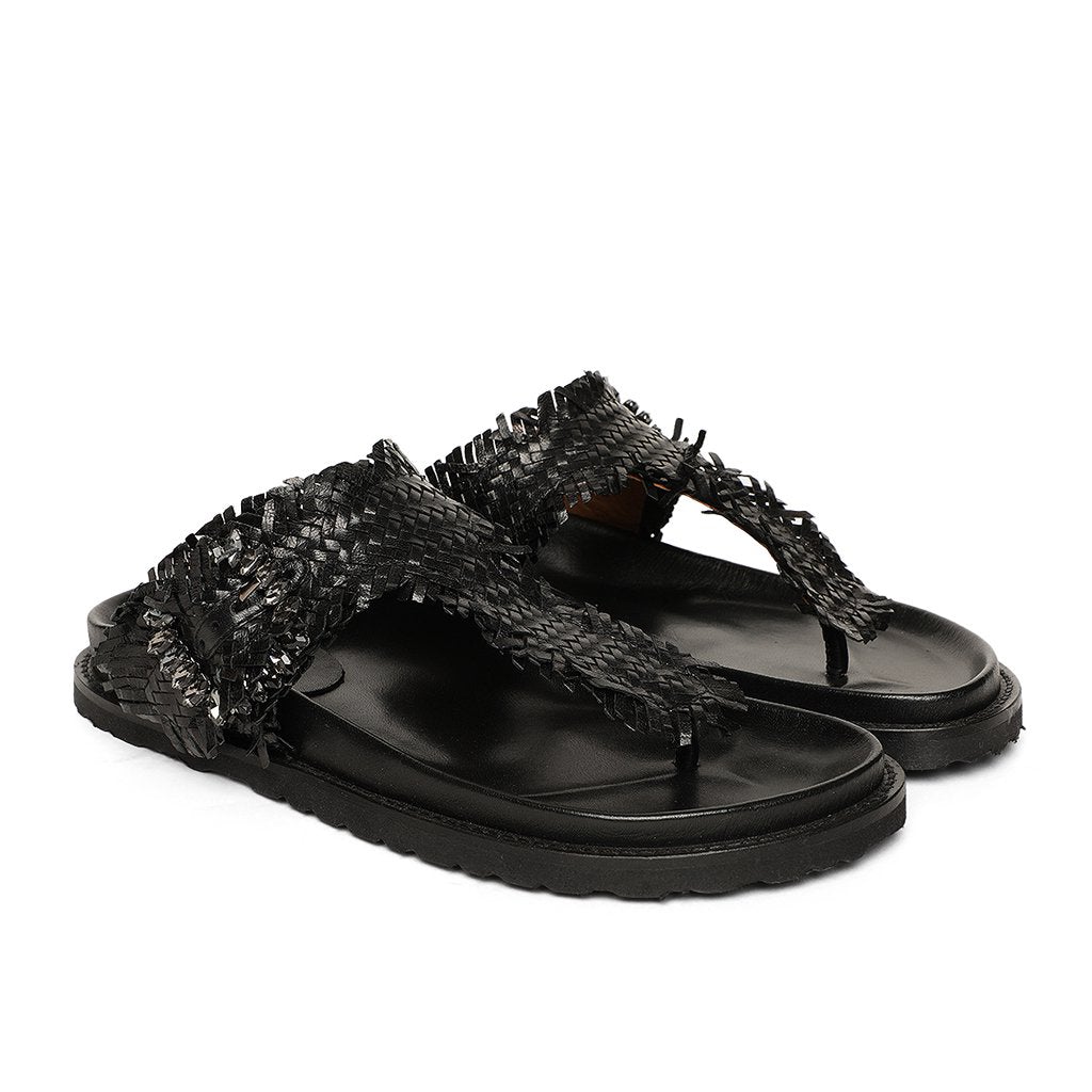 Saint Filomena Black Woven Leather Slip On Flats