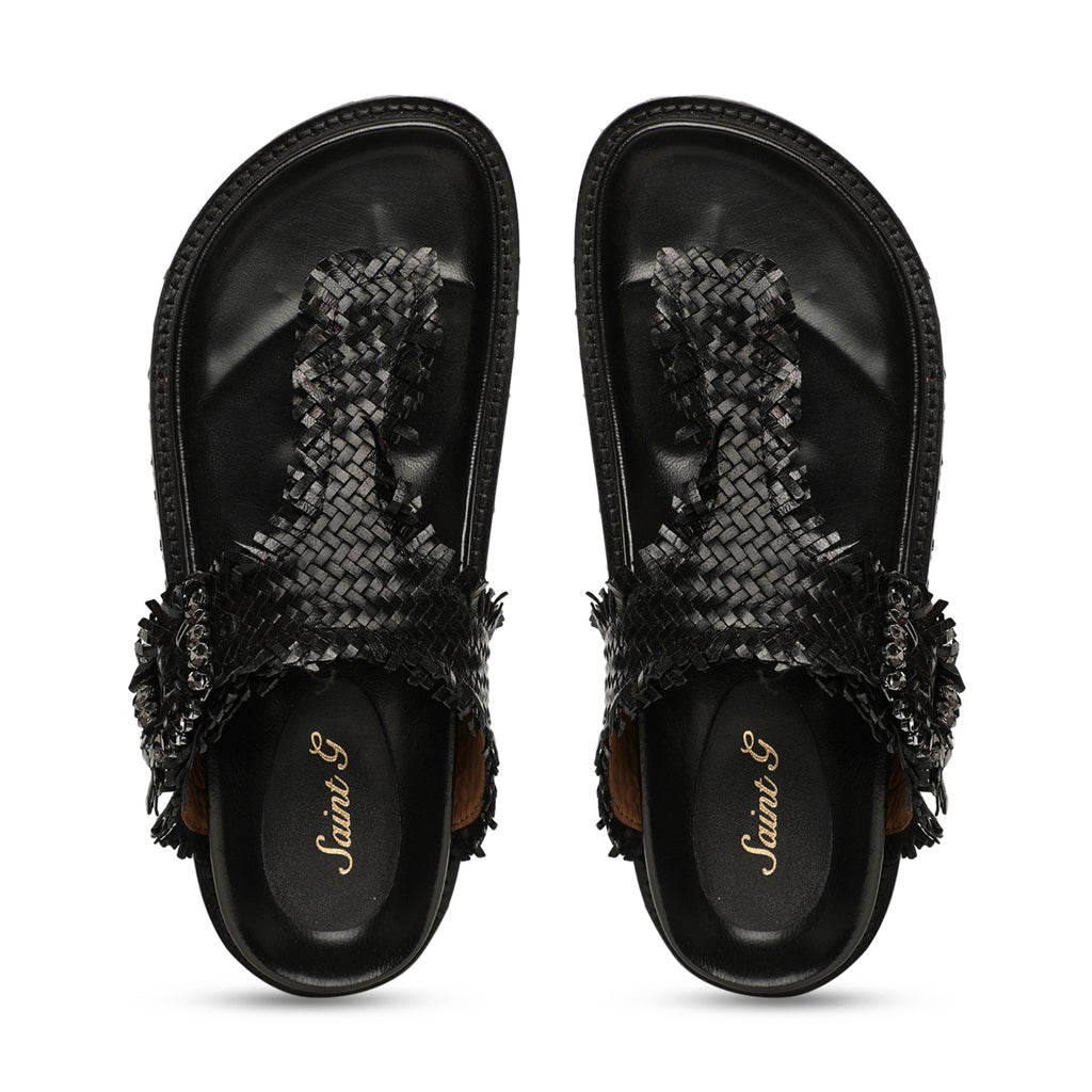 Saint Filomena Black Woven Leather Slip On Flats