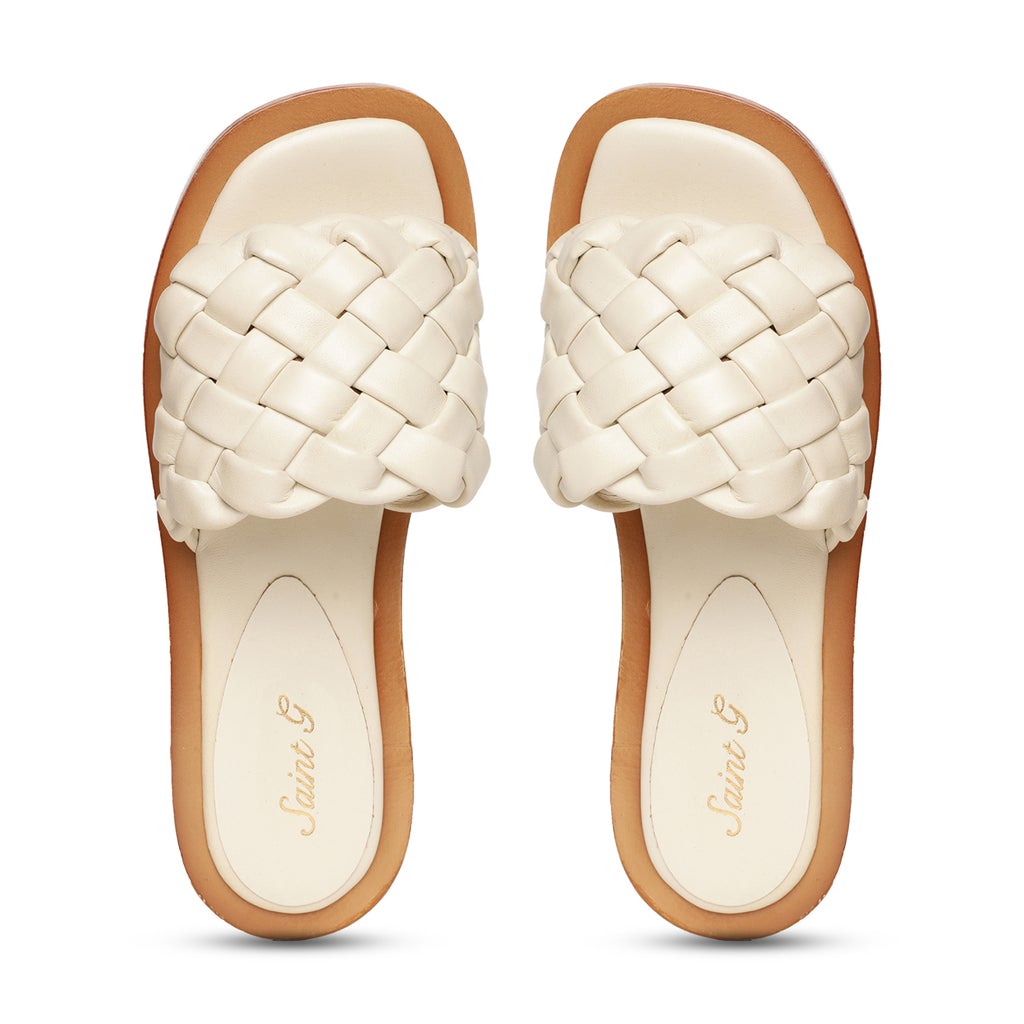 Saint Edetta White Woven Leather Sliders
