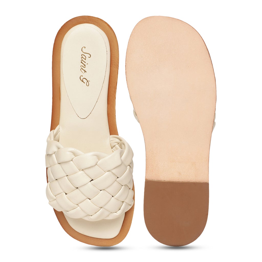 Saint Edetta White Woven Leather Sliders