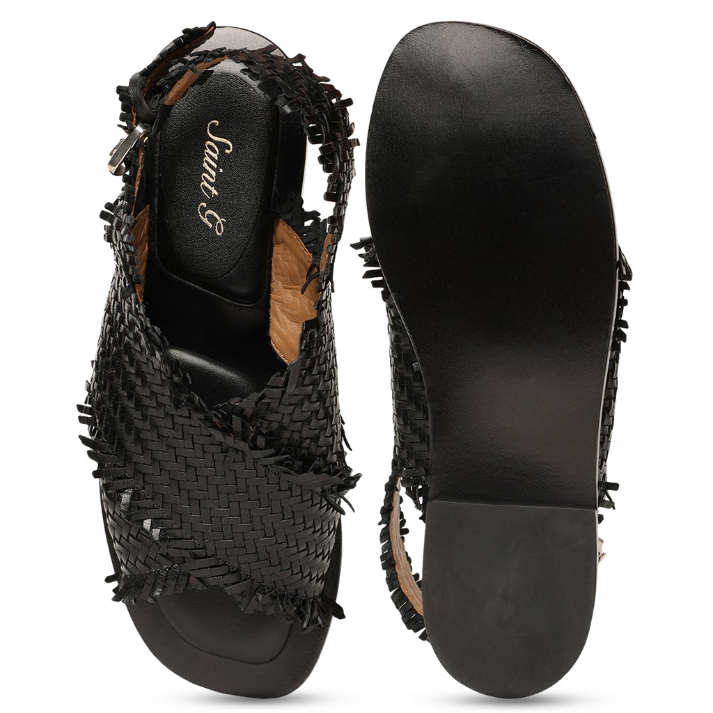Saint Gaetana Black Woven Leather Sandals