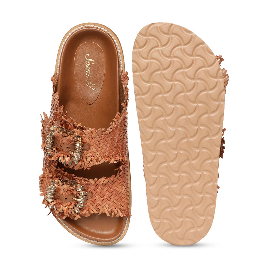 Saint Ravenna Tan Woven Leather Sliders