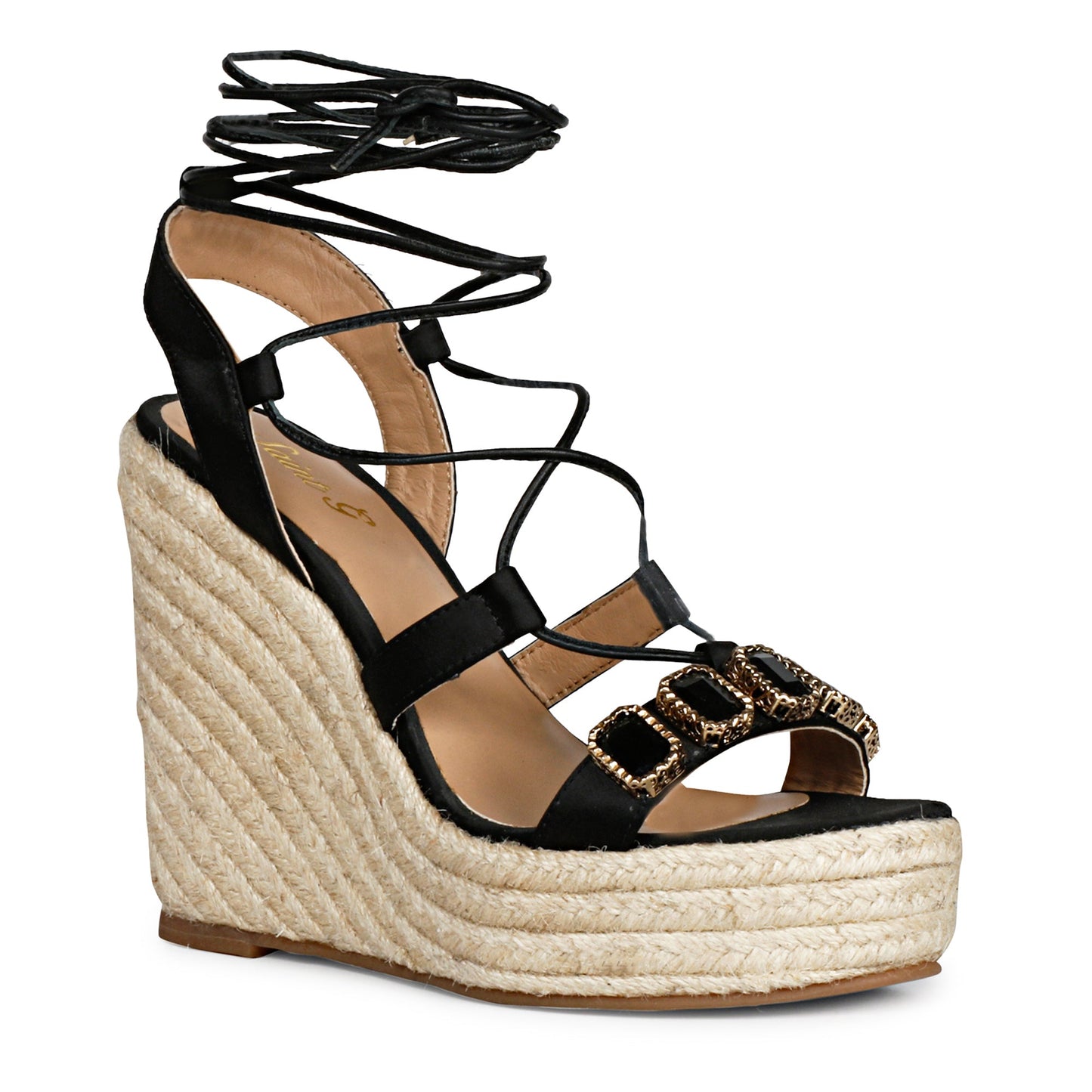 Saint Darina Stone Embellished Lace Up Leather Black Wedge Heels