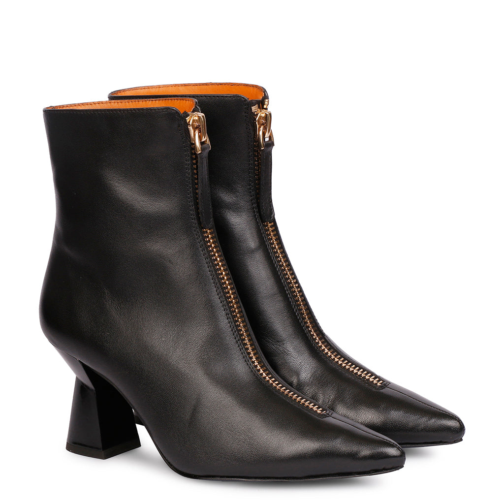 Saint Ava Black Leather Handcrafted Front Zip Heel Ankle Boots