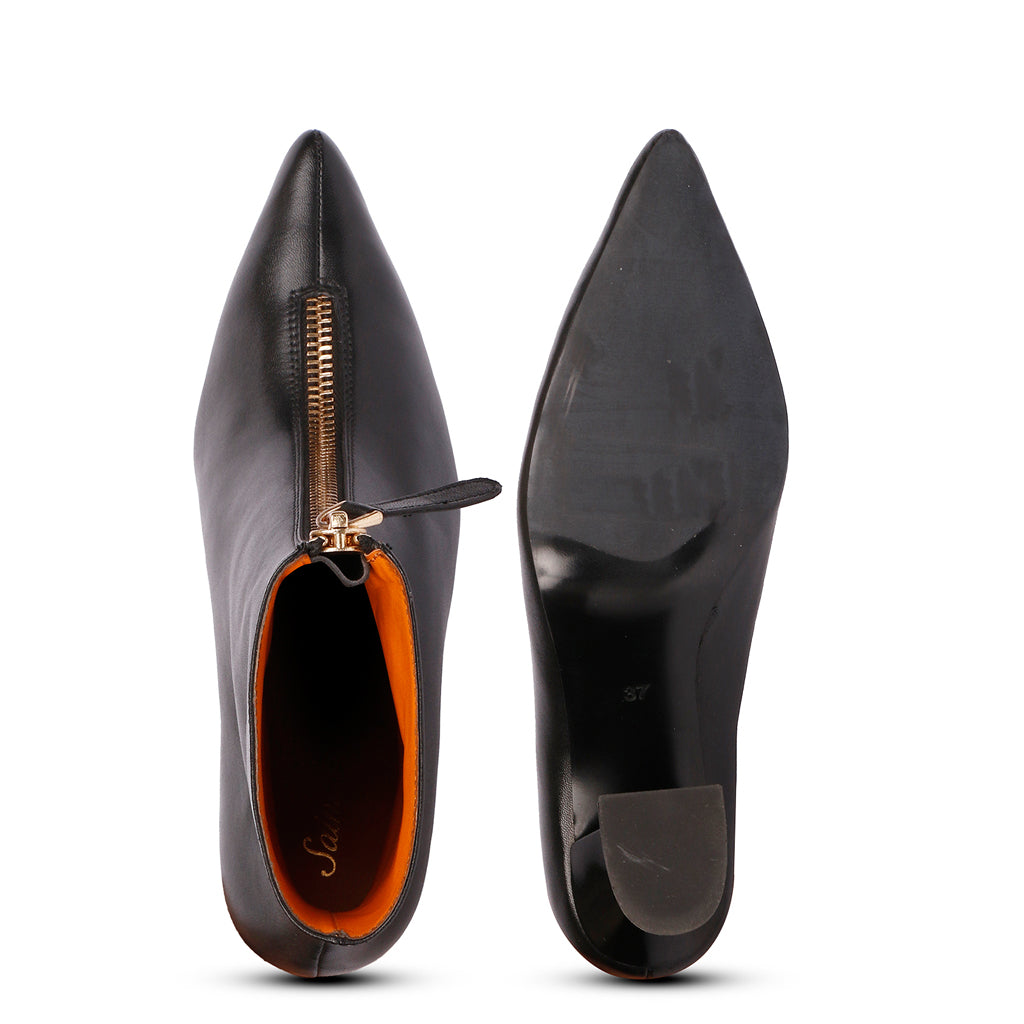 Saint Ava Black Leather Handcrafted Front Zip Heel Ankle Boots