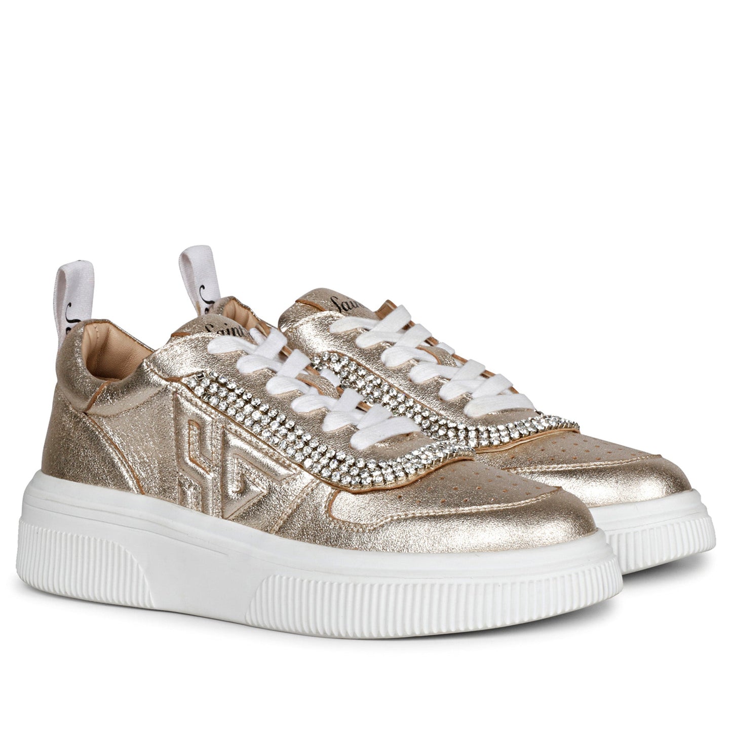 Saint Letitia Stone Embroidered Gold Metallic Leather Sneakers