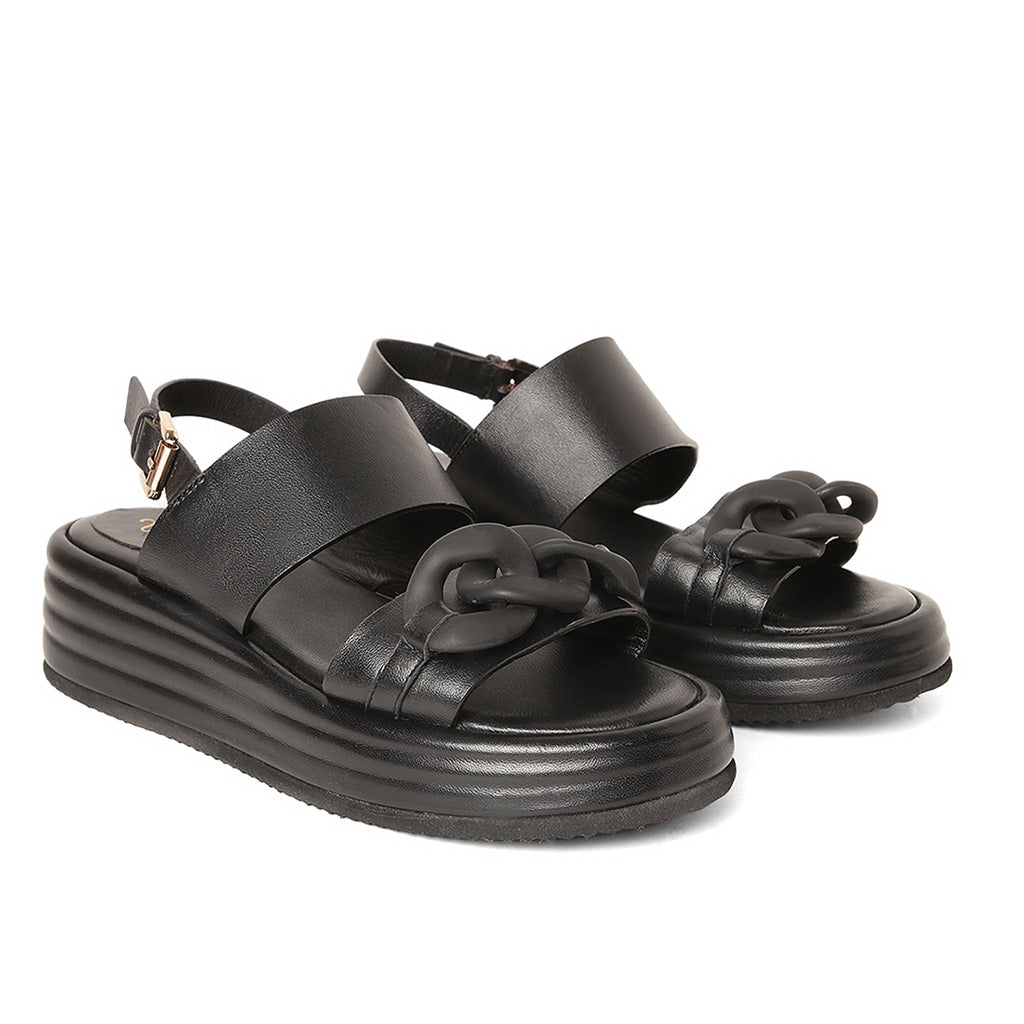 Saint Tigrotta Black Leather Chain Embellished Sandals