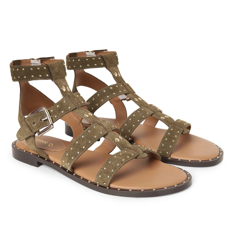 Saint Daniella Brown Suede Leather Studded Strappy Sandals