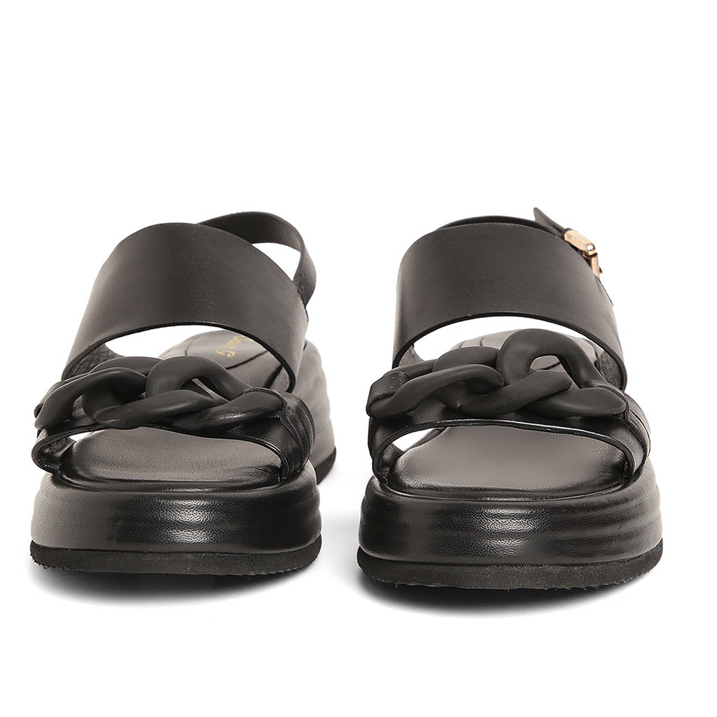 Saint Tigrotta Black Leather Chain Embellished Sandals