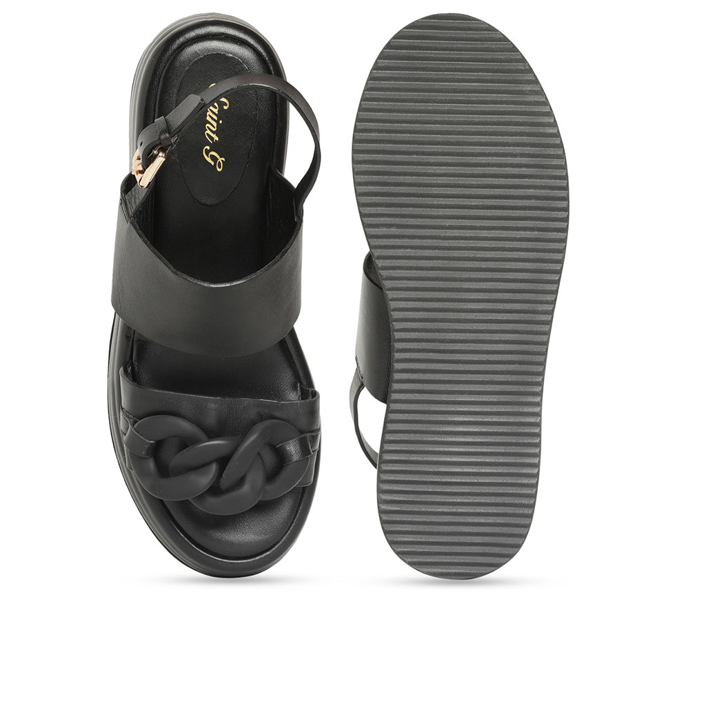 Saint Tigrotta Black Leather Chain Embellished Sandals