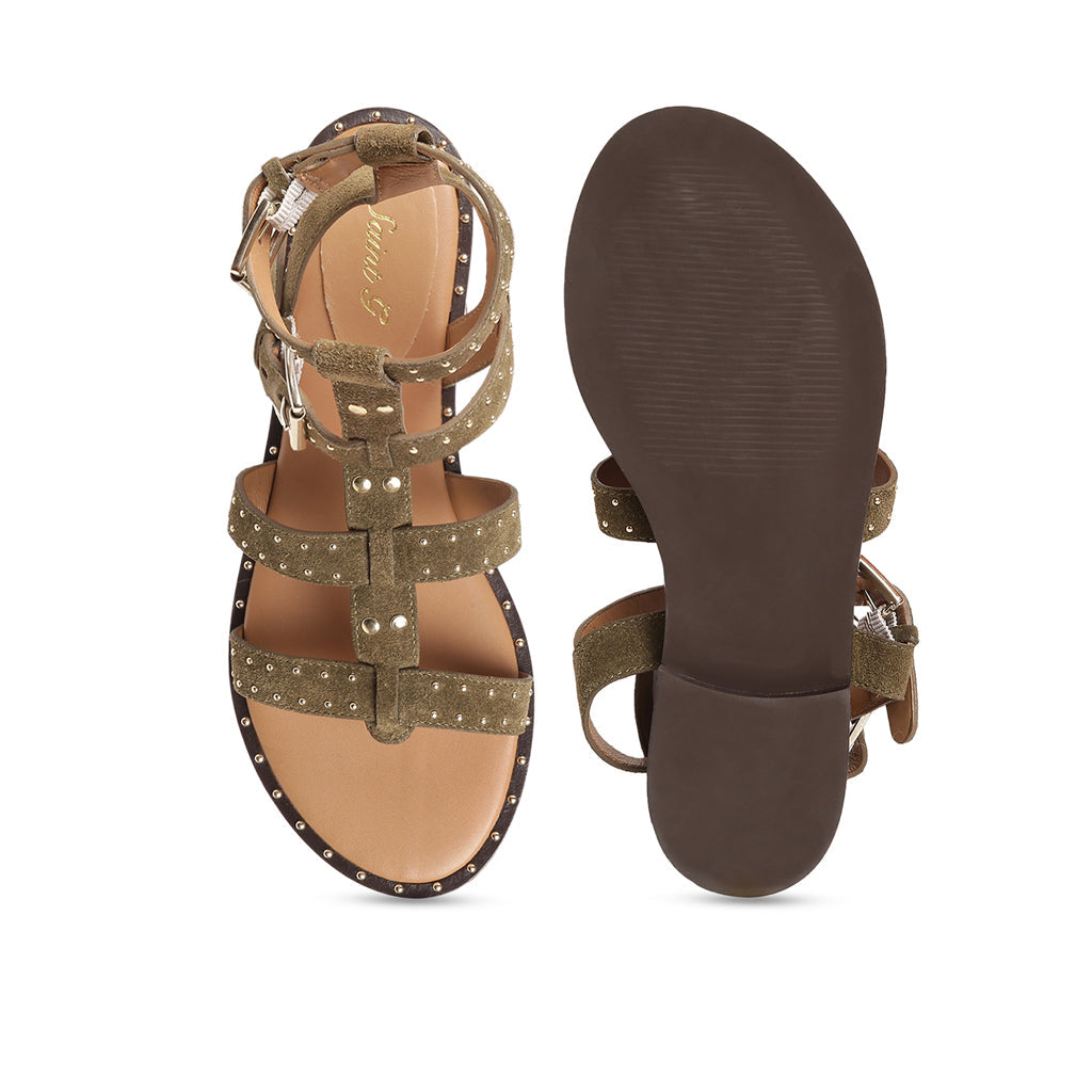 Saint Daniella Brown Suede Leather Studded Strappy Sandals