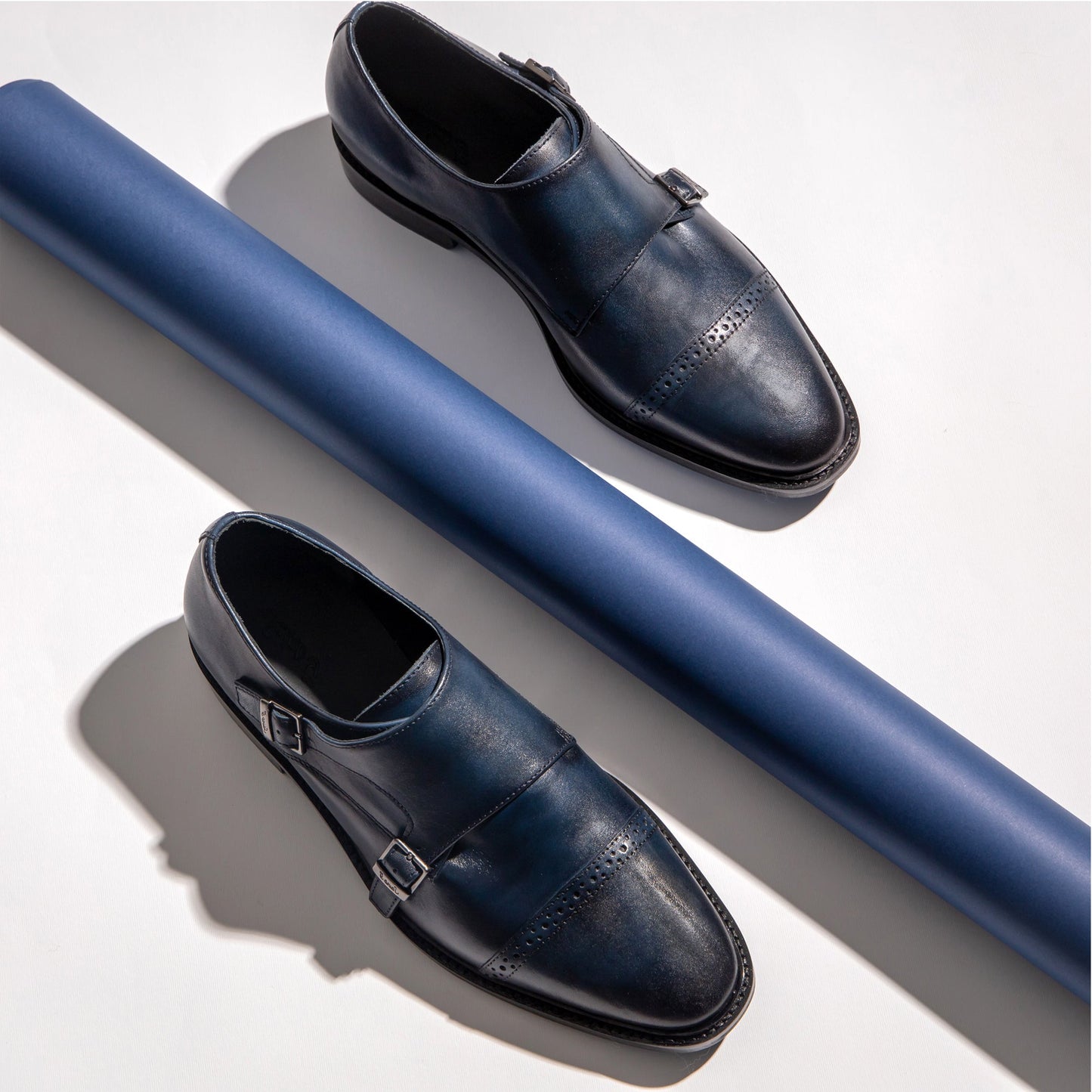 Saint Perctarit Blue Leather Double Buckle Monk Brogue Shoes