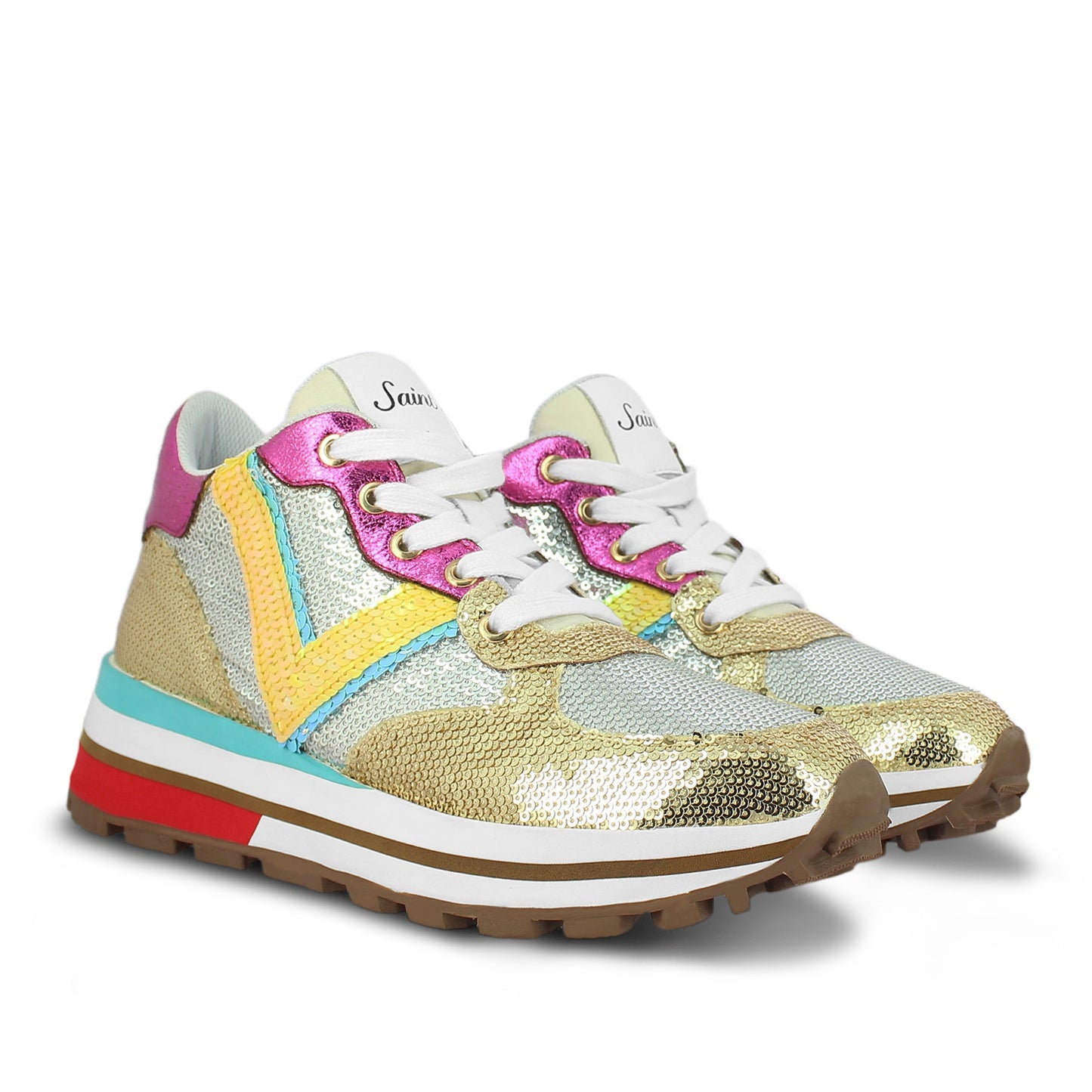 Saint Edana Multi Color Sequins Embellished Leather Sneakers