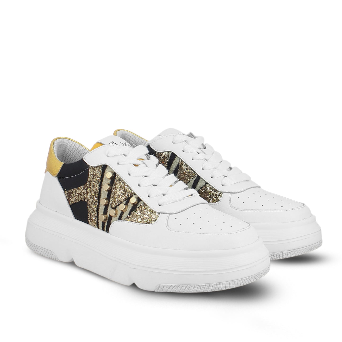 Saint Antea Studs Embellished White & Yellow Leather Sneakers