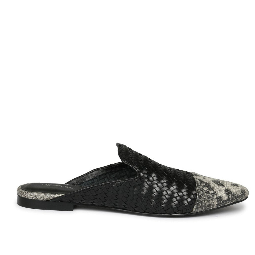 Saint Emma Grey Python and Black Woven Leather Mules