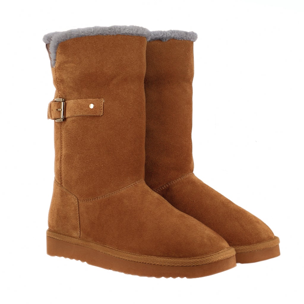 Saint Aurelia Buckle Decorative Tan Suede Leather Snug Boots
