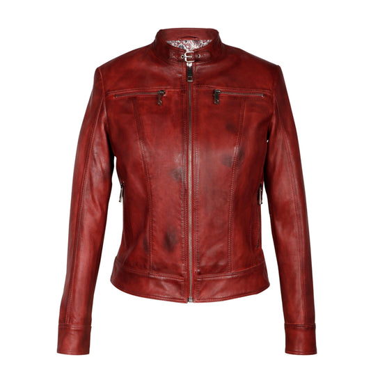 Saint Edwina Burgundy Leather Women Cafe Racer Jackets