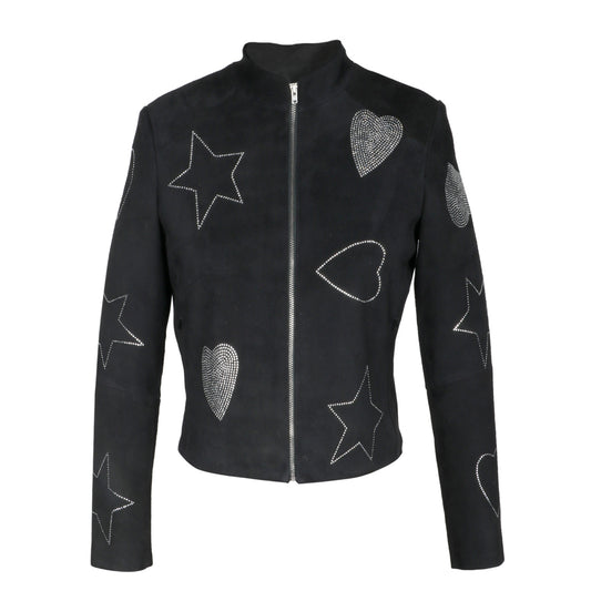 Saint Venessa Stone Embossed Black Leather Women Biker Jackets.