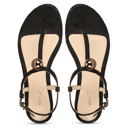 Saint Ventana Metal Ball Embellished Metallic Black Leather Flat - SaintG