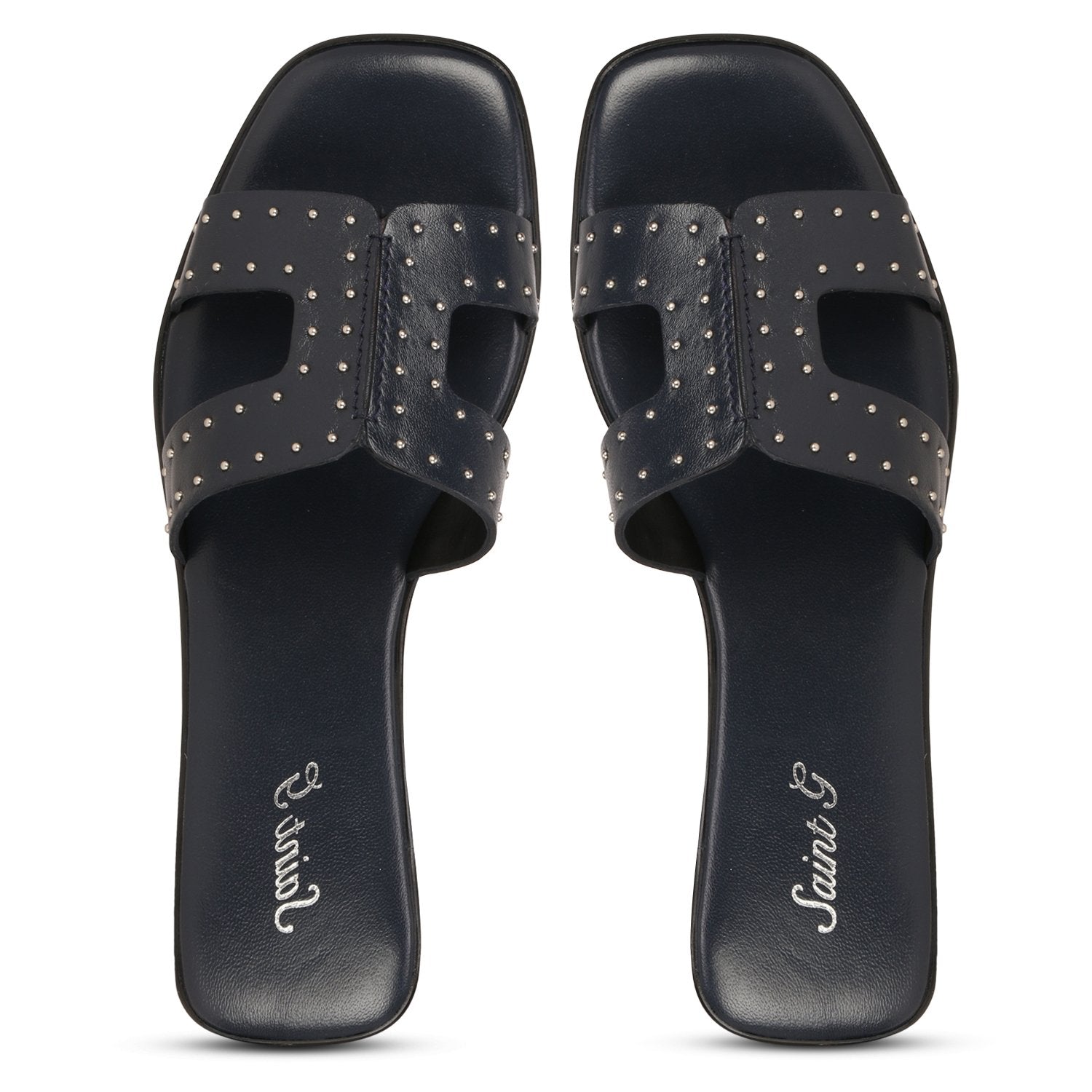 Saint Ventana Metal Studded Wide Fit Black Leather Flats - SaintG