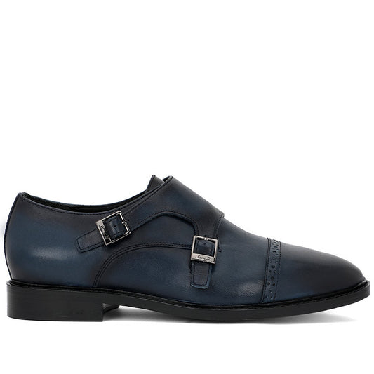 Saint Perctarit Blue Leather Double Buckle Monk Brogue Shoes